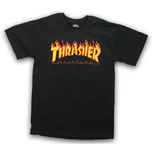 Thrasher Skateboard Magazine FLAME BLACK Short Sleeve T-Shirts