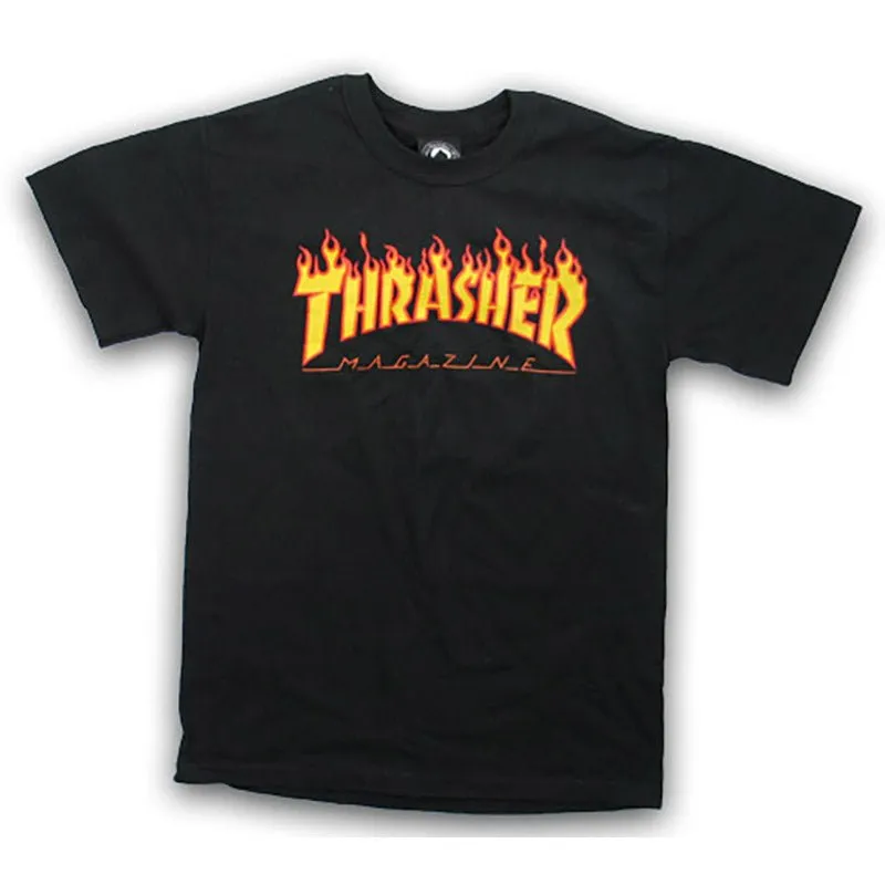 Thrasher Skateboard Magazine FLAME BLACK Short Sleeve T-Shirts
