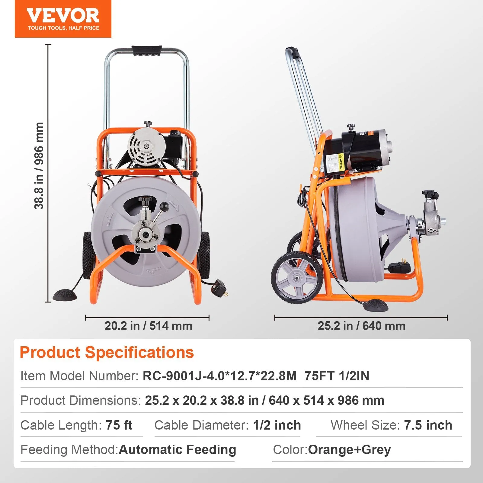 Vevor Drain Cleaner Machine 75' x 1/2" Sewer Snake Auto Feed Drain Auger with Wheels and 8 Cutters New