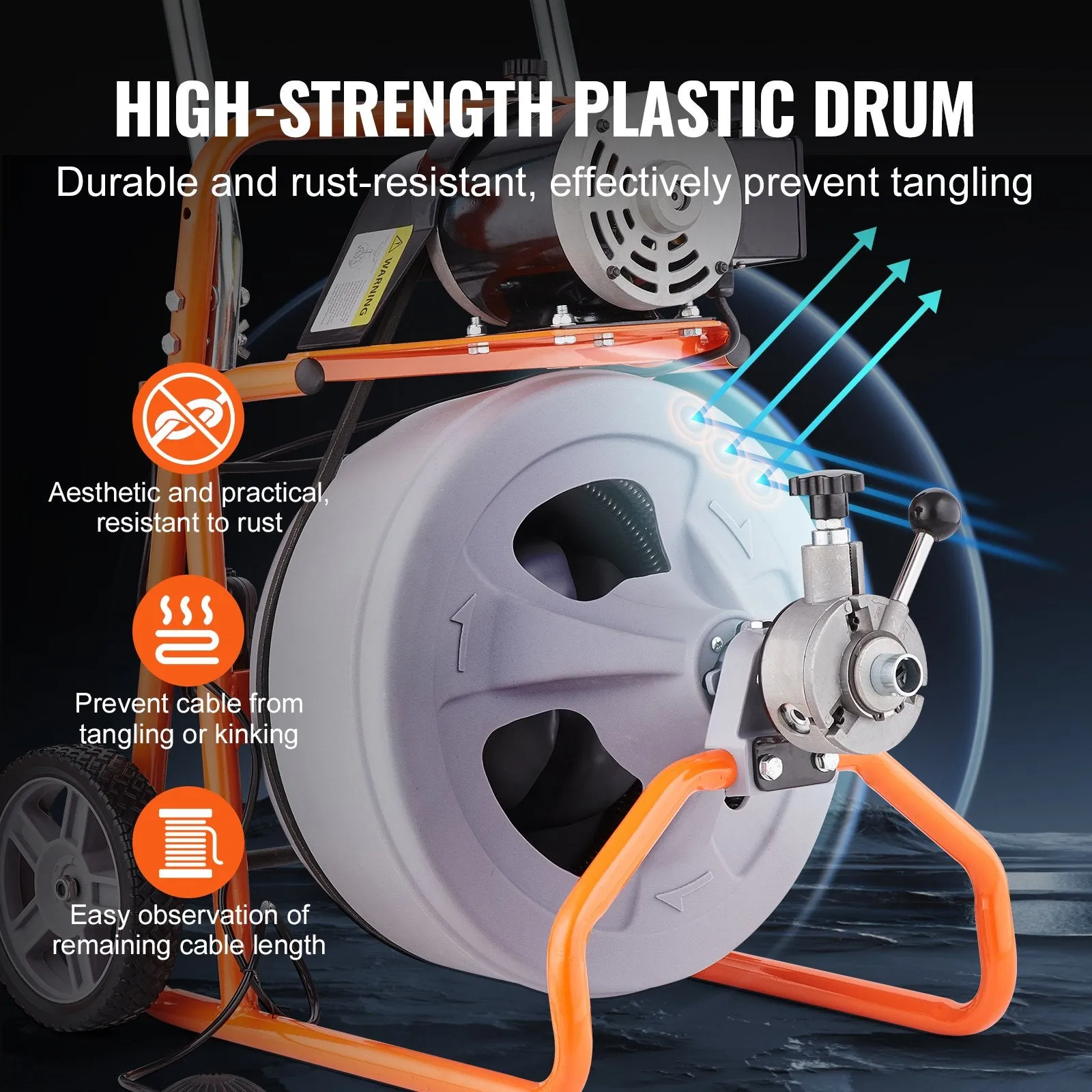 Vevor Drain Cleaner Machine 75' x 1/2" Sewer Snake Auto Feed Drain Auger with Wheels and 8 Cutters New
