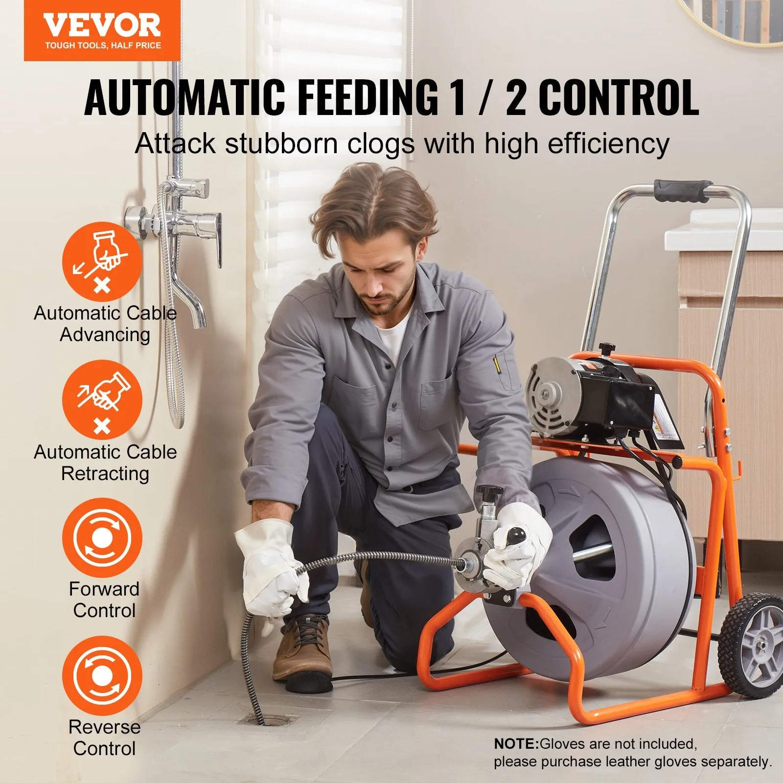 Vevor Drain Cleaner Machine 75' x 1/2" Sewer Snake Auto Feed Drain Auger with Wheels and 8 Cutters New