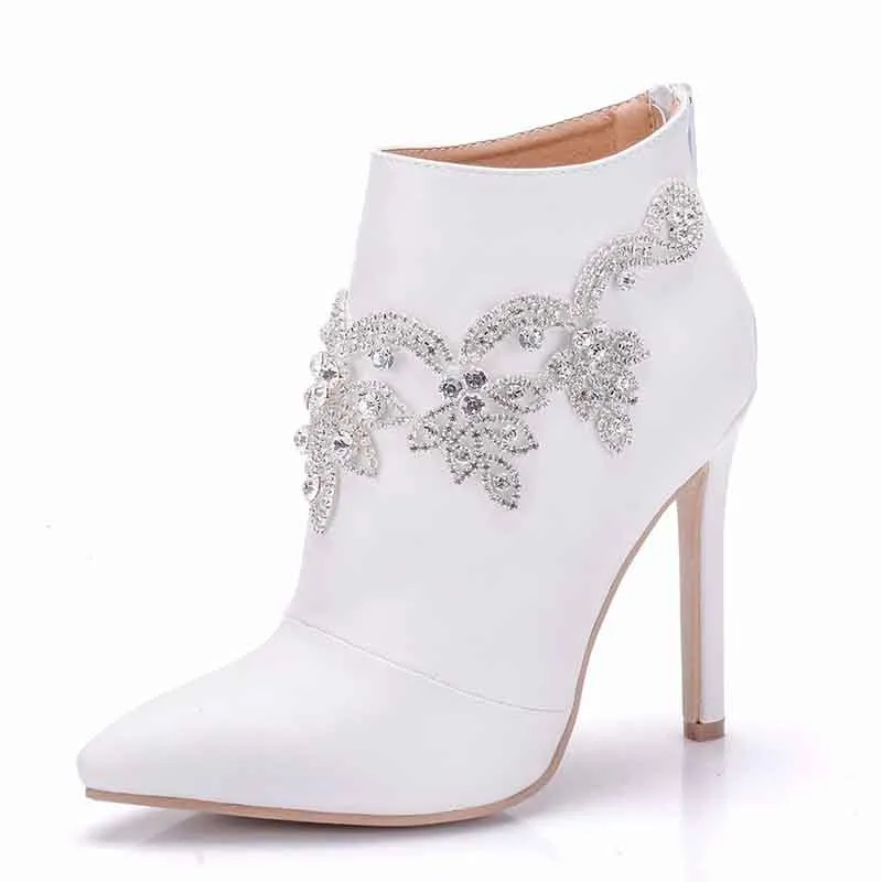 Women White Ankle Boots Heel Booties Back Zipper Short Boots