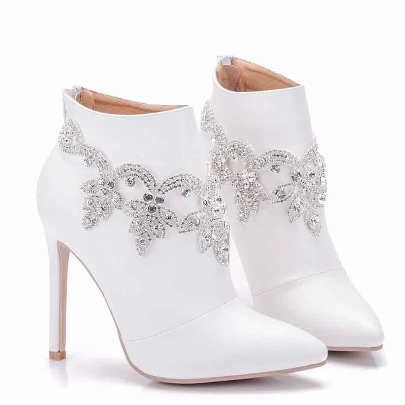 Women White Ankle Boots Heel Booties Back Zipper Short Boots